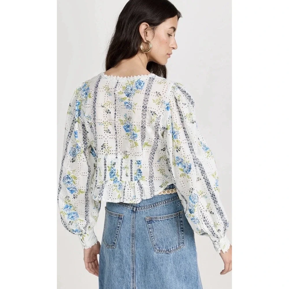Free People Floral Printed Blossom Eyelet Blouse‎ Smocked White Combo Sz Small